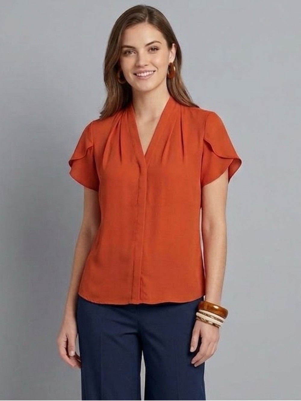 Calvin Klein Burnt Orange Pleated V-Neck Tulip Sleeve Blouse Size Medium